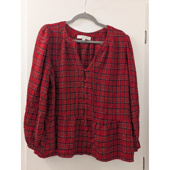 Holiday Red Tartan Button-Front Blouse By Loft Long-Sleeve - Picture 1 of 7